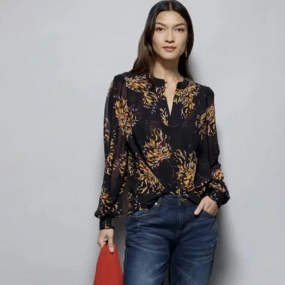 NWT CAbi #4531 Women's Black Orange Fiesta Print Blouse Top Size XXL